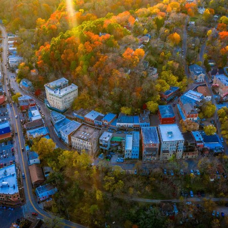 Aerial view of downtown Eureka Springs in fall