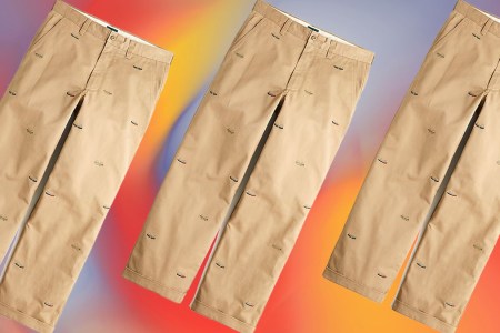 a collage of J.Crew Giant Fit Chinos on a red background