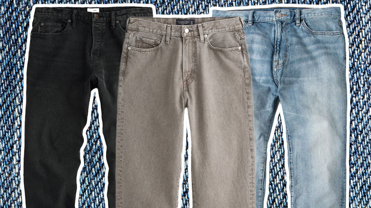 a collage of comfortable men's jeans on a denim background
