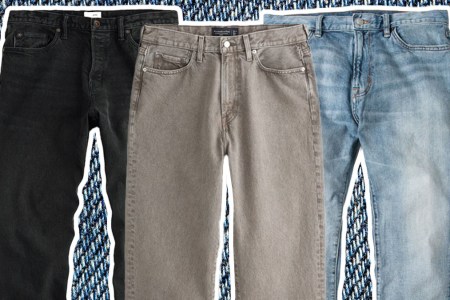 a collage of comfortable men's jeans on a denim background
