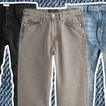 a collage of comfortable men's jeans on a denim background
