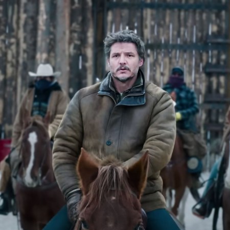 a photo of Joel on a horse in a leather jacket from the last of us show