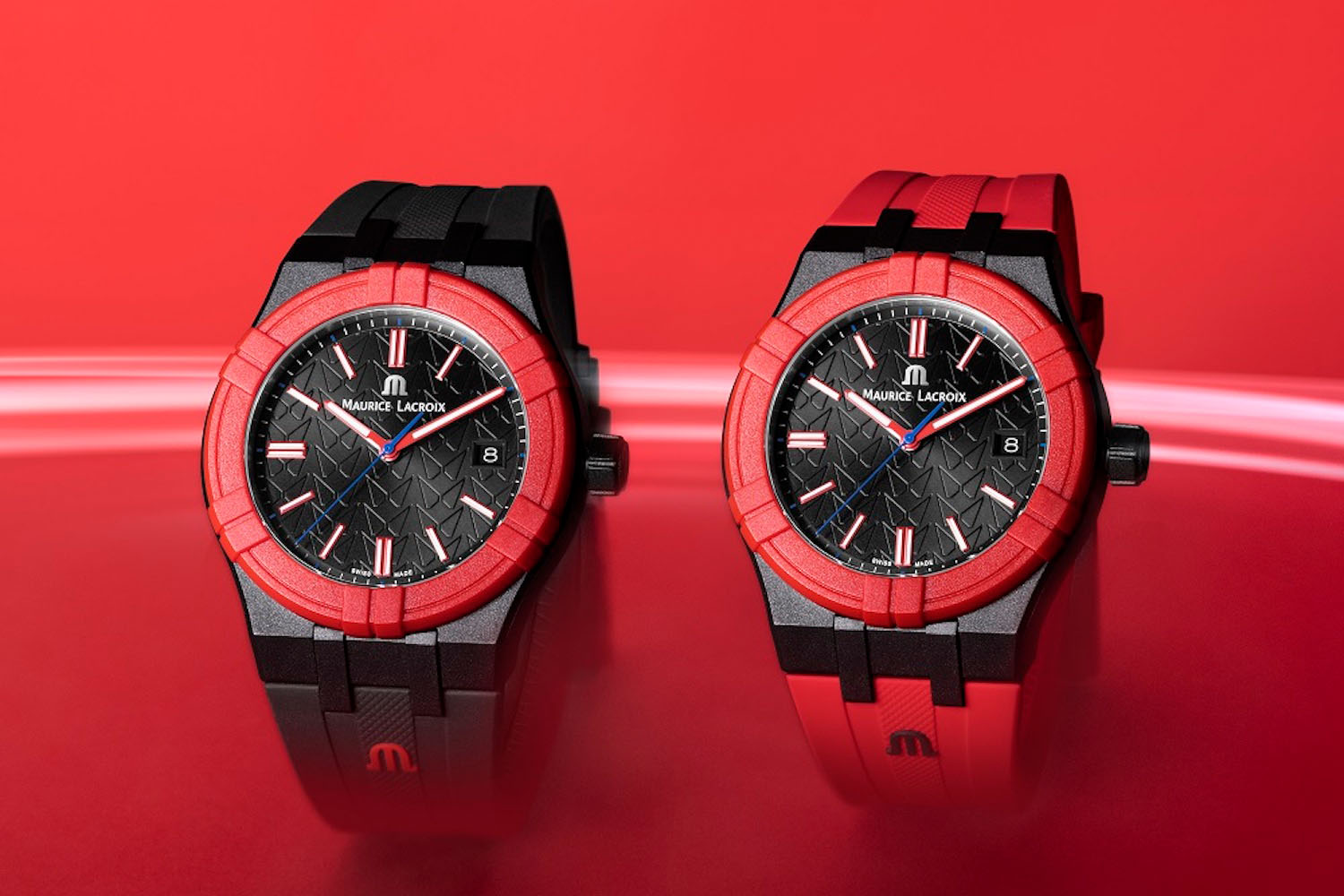 two black and red Maurice Lacroix Aikon #Tide Mahindra on a red background
