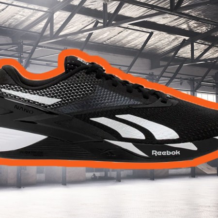 a pair of Reebok Nano X3 Sneakers highlighted in orange on a workout background