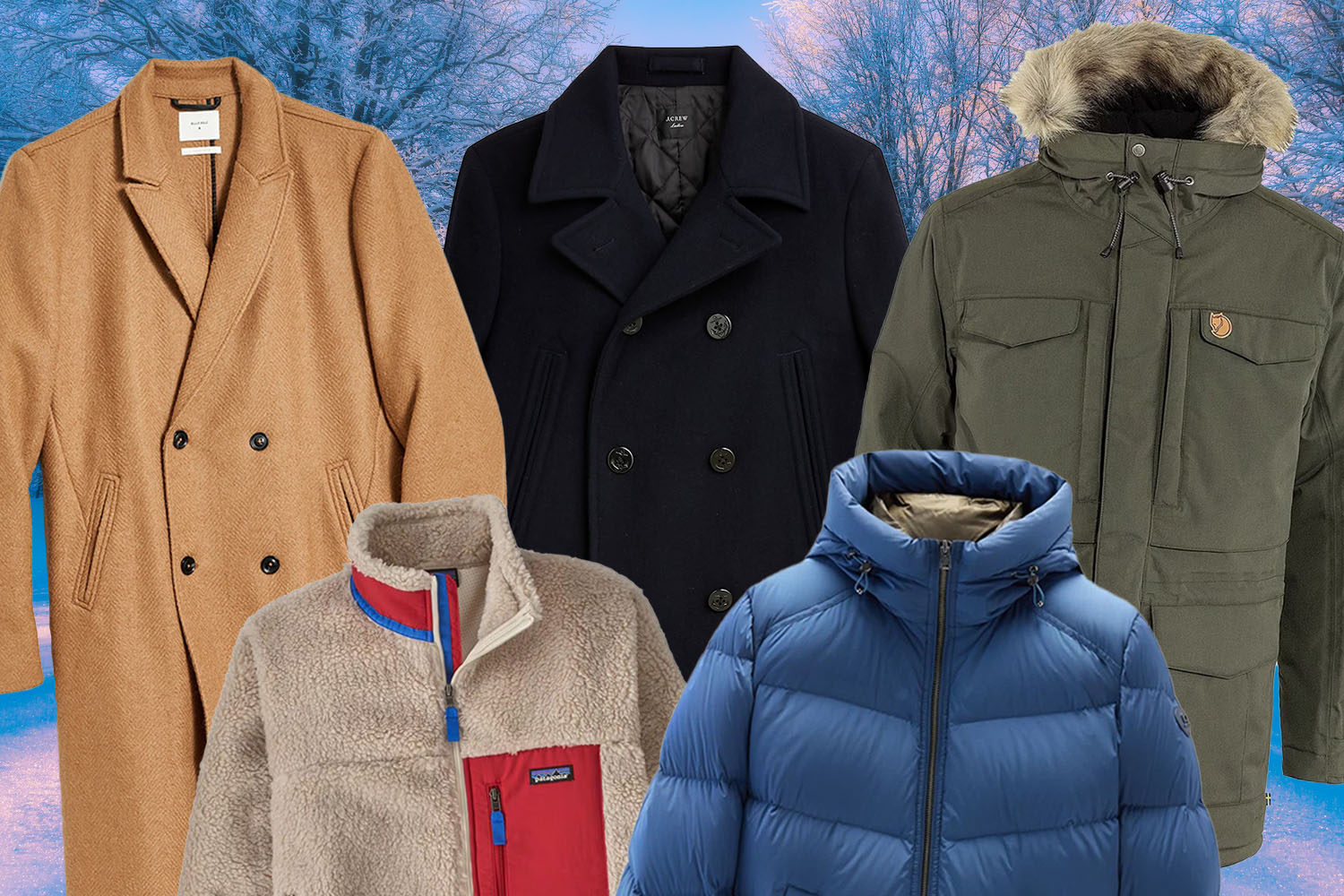 a collage of winter jackets on a grey background