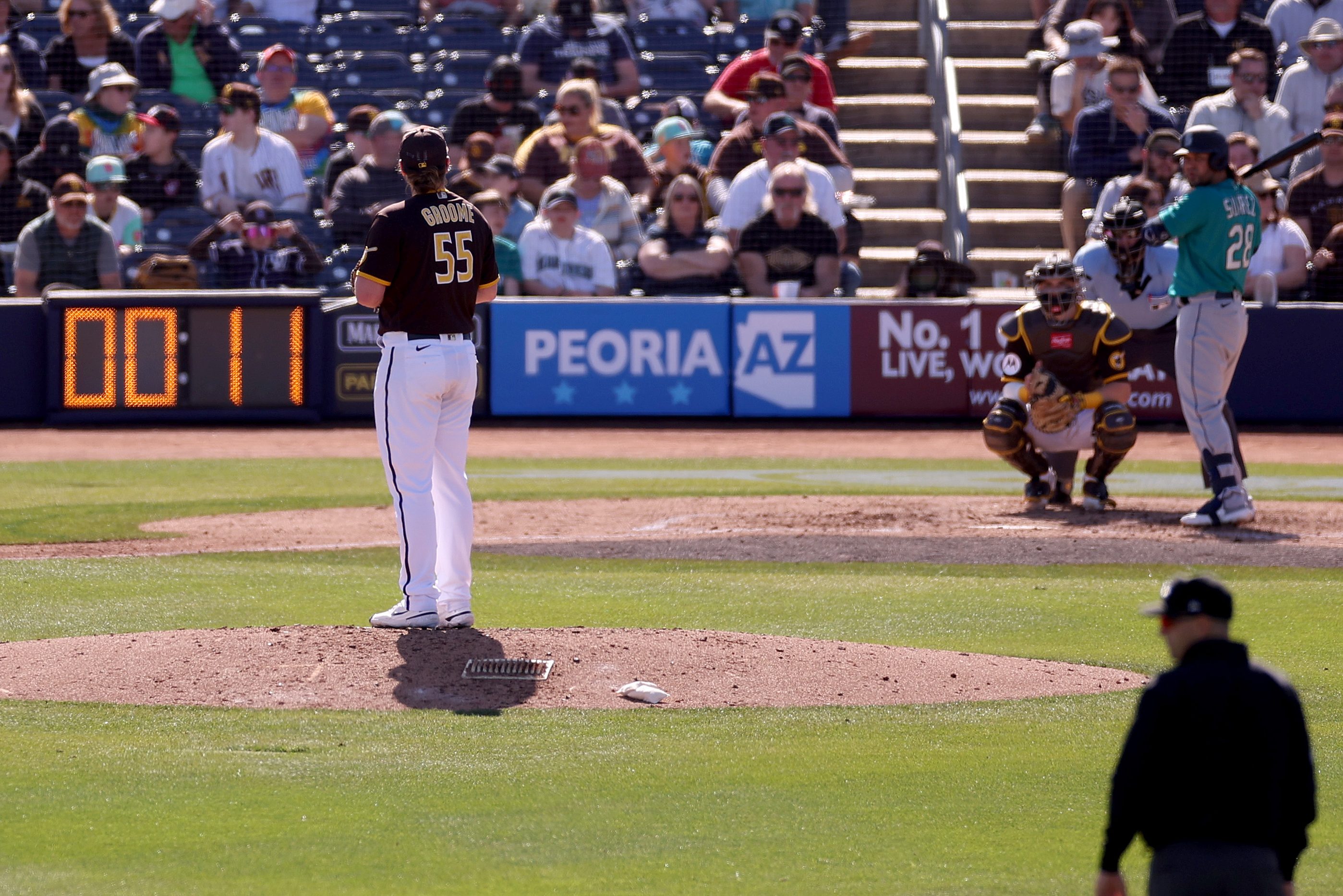 The pitch clock counts down as Jay Groome of the Padres prepares to throw.