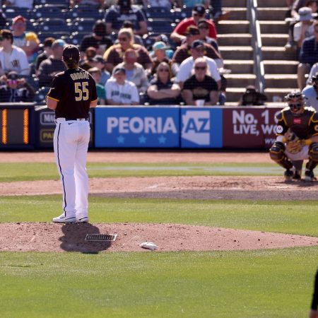 The pitch clock counts down as Jay Groome of the Padres prepares to throw.