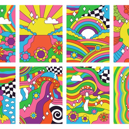 A groovy background of hippie imagery. We take a look at the relationship between psychedelics and neuroplasticity, and how it may not be all sunshine and rainbows.