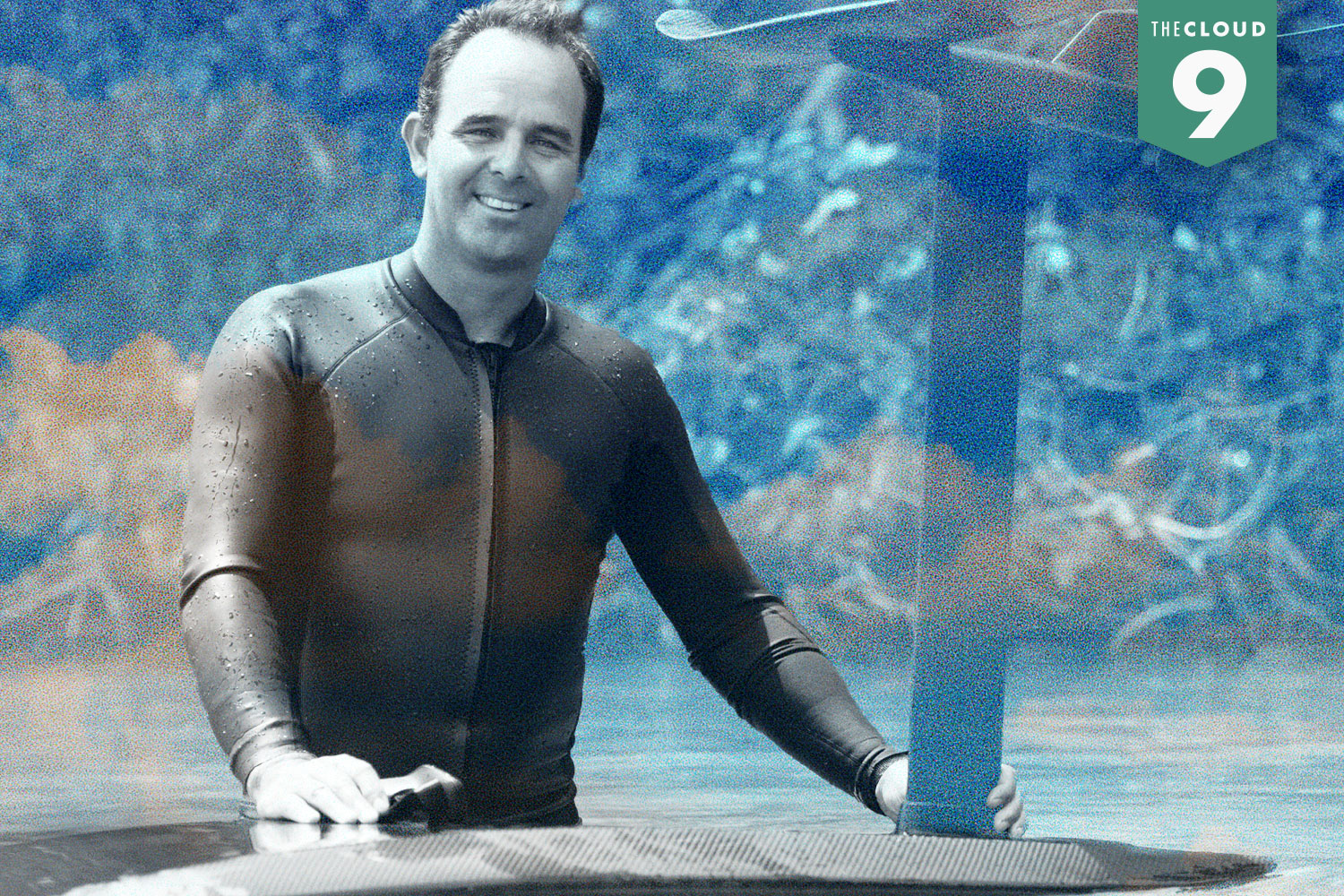 The founder of Fliteboard, against a conceptual background of clouds.