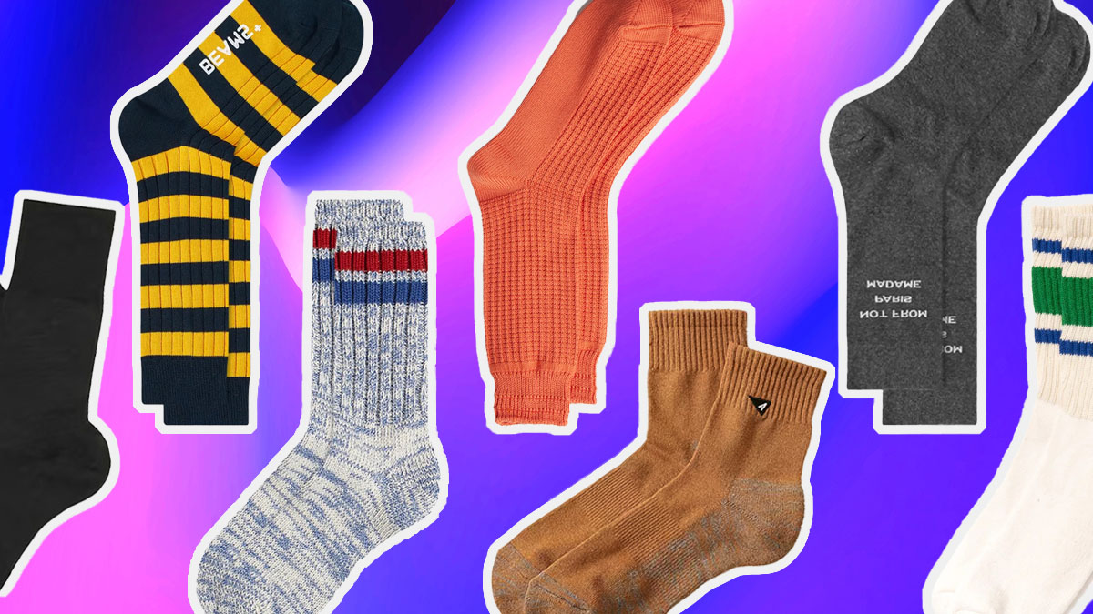 a collage of the best socks for men on a purple and blue gradient background