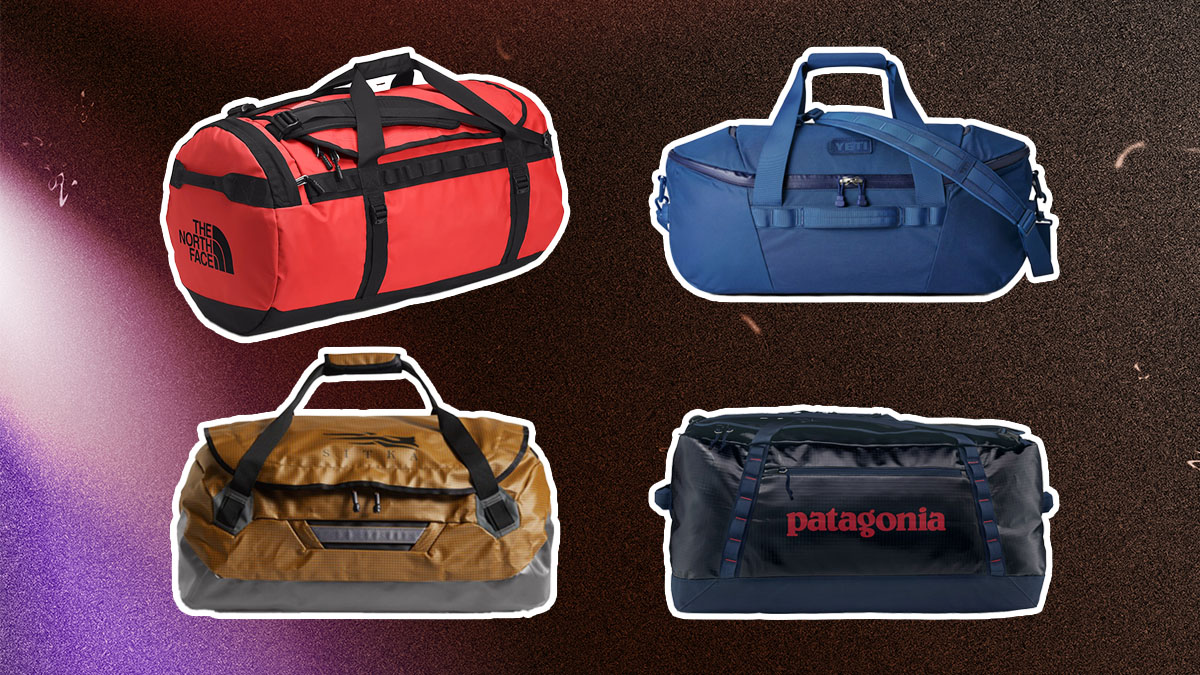 Four outdoor duffel bags on a purple and red abstract background