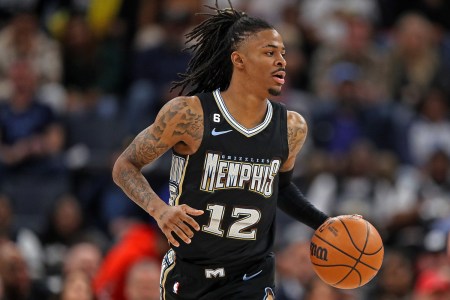 Morant of the Memphis Grizzlies brings the ball up court during the game against the Los Angeles Lakers at FedExForum