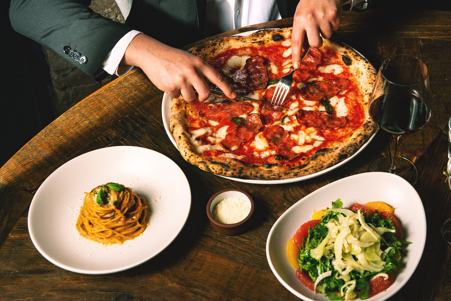spread of food at L'Antica Pizzeria da Michele in new york