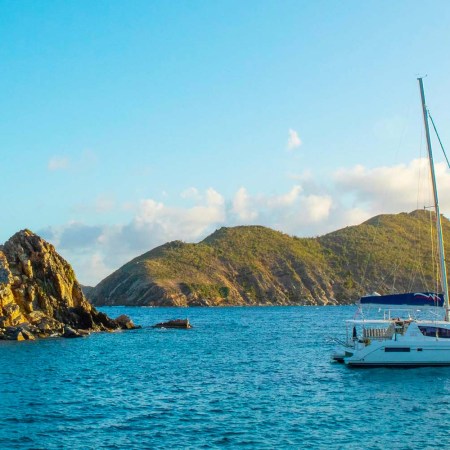 Catamaran anchored in front of Sandy Spit in the British Virgin Islands