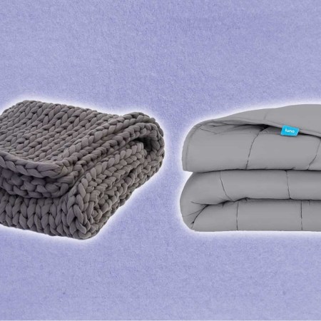 weighted blankets on a purple background