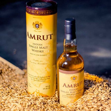 A bottle of Amrut Indian Single Malt Whisky. Amrut is part of a growing trend of Indian single malts gaining popularity.
