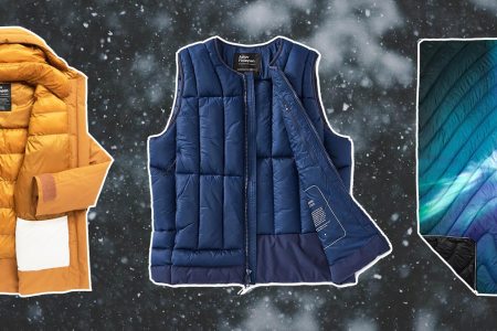 Askov Finlayson's Preservation Vest, Winter Parka and Rumpl Blanket on a snowy background. You can get this gear at a discount during the Minnesota brand's End of Season Sale.