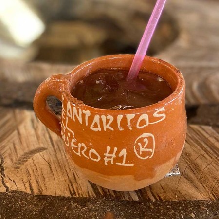 A closeup of a Cantarito from El Güero