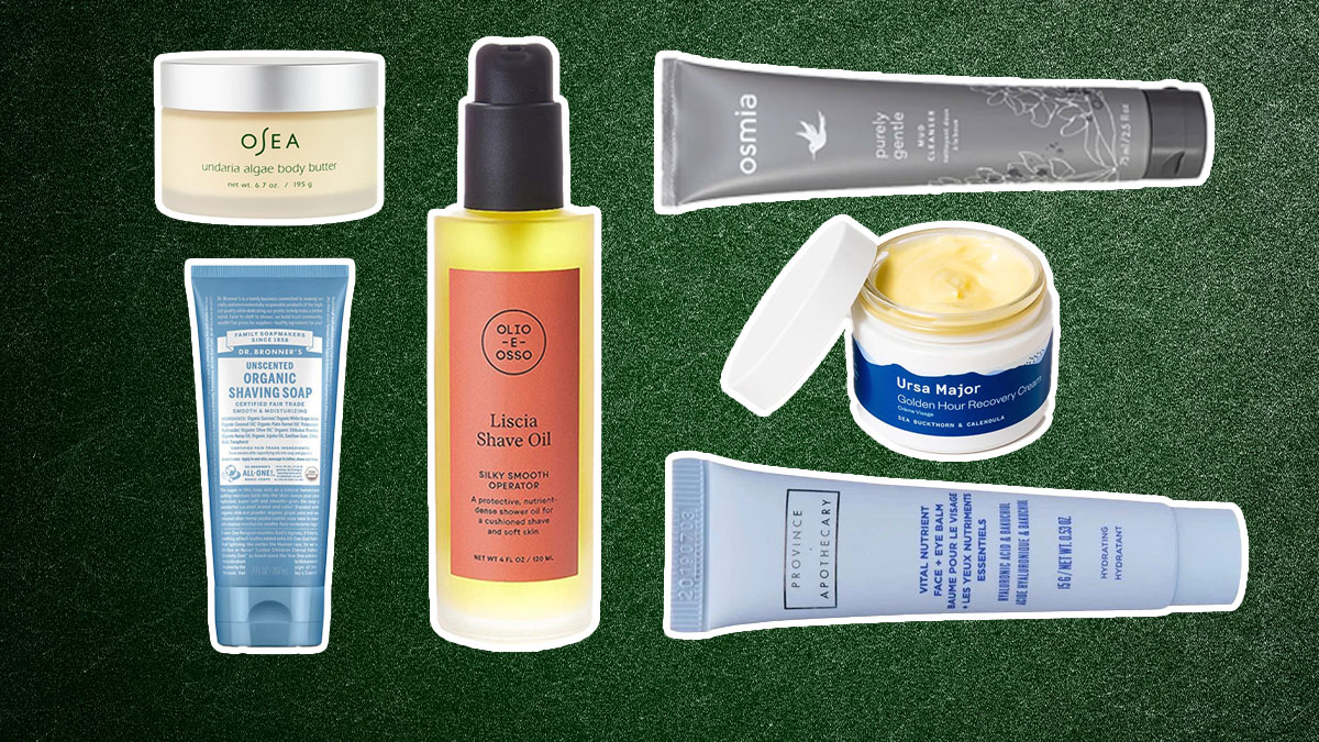 Clean skincare products on a green textured background