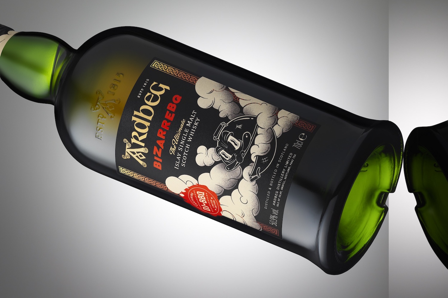 a bottle of Ardberg BizarreBQ on a grey background