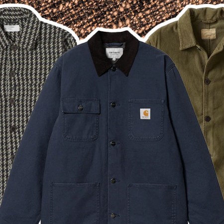 a collage of the best chore coats for men on a brown background