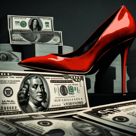 A stiletto pictured with dollar bills