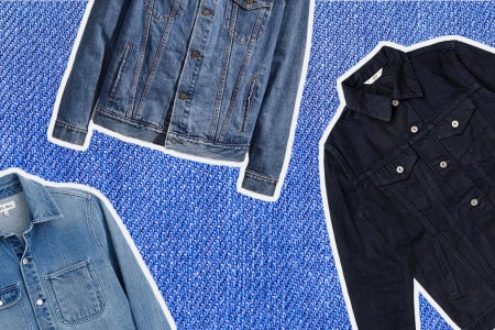a collage of denim jackets on a blue denim background