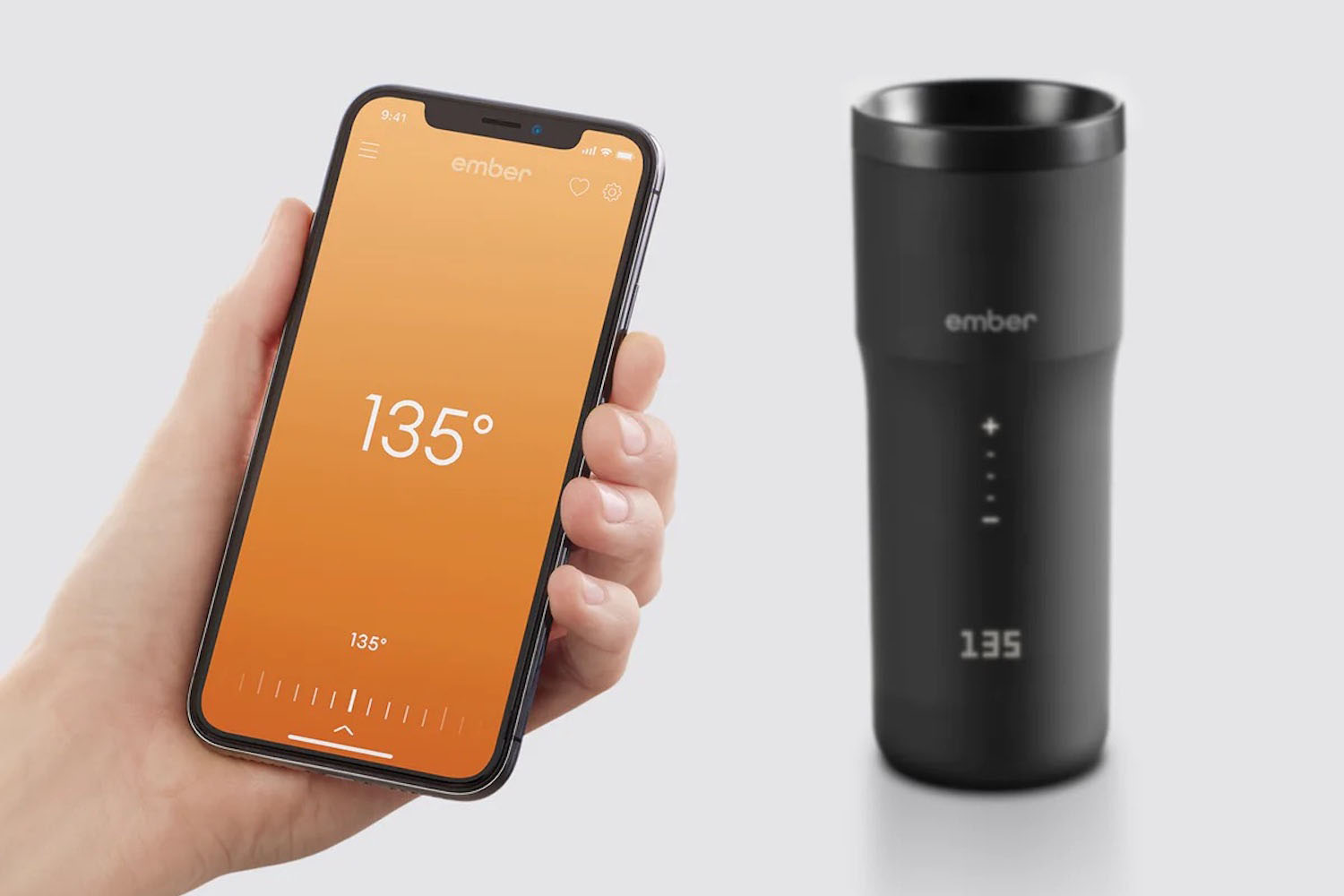 a model holding a phone and an Ember Mug 2 in the background