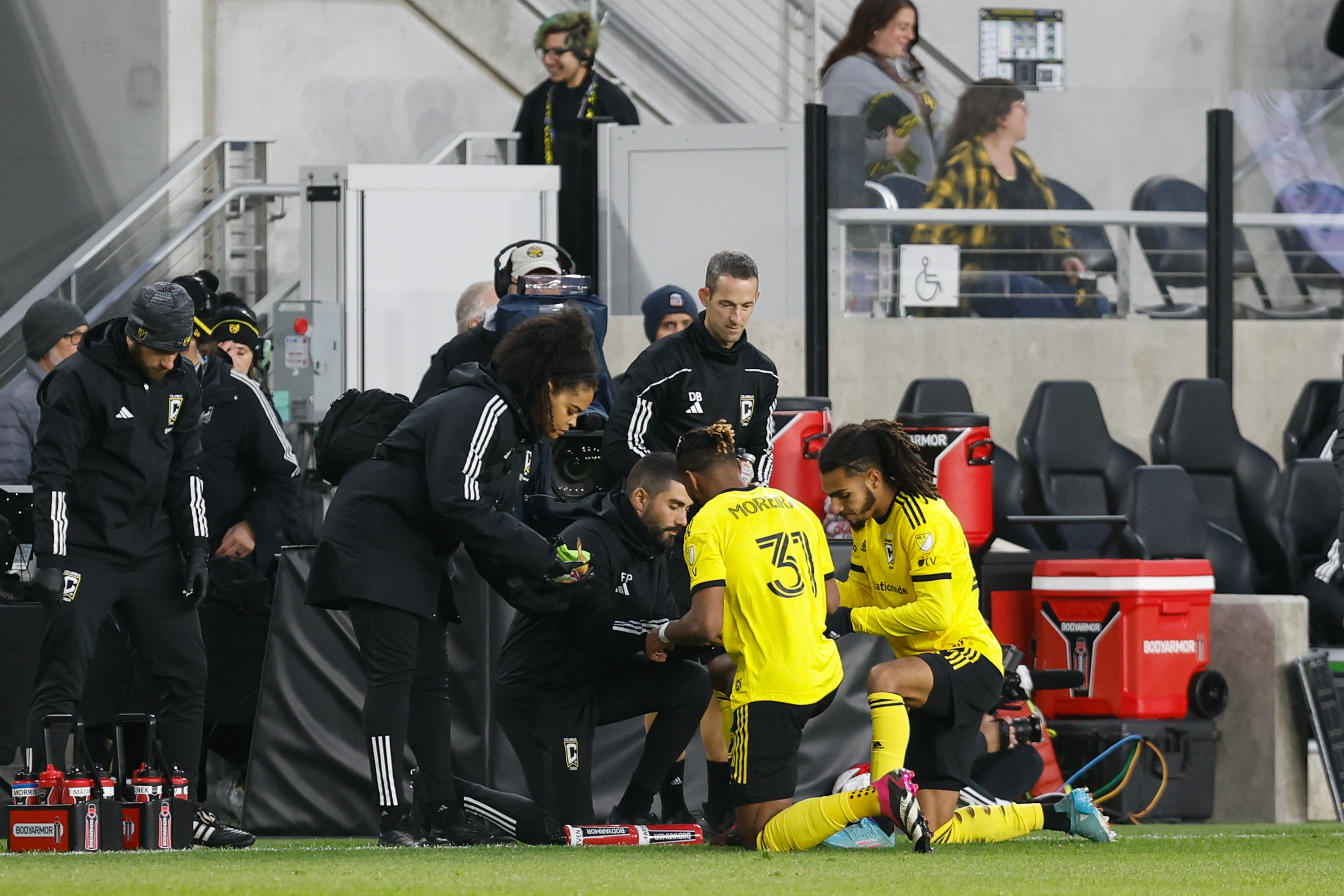 COLUMBUS, OH - APRIL 01: Columbus Crew defender Steven Moreira (31) and defender Mohamed Farsi (23) who are observing Ramadan break their fasts at sunset during a pause in play during the first half against the Real Salt Lake on April 1, 2023, at Lower.com Field in Columbus, Ohio.