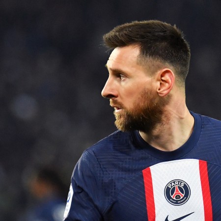 Lionel Messi of Paris Saint-Germain in action during the French Ligue 1 between Paris Saint-Germain and Olympique de Lyon at Parc des Princes on April 2, 2023 in Paris, France.