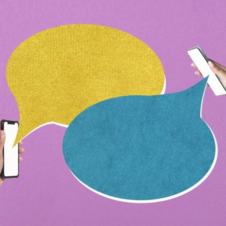 A graphic of two cell phones with speech bubbles coming out of them