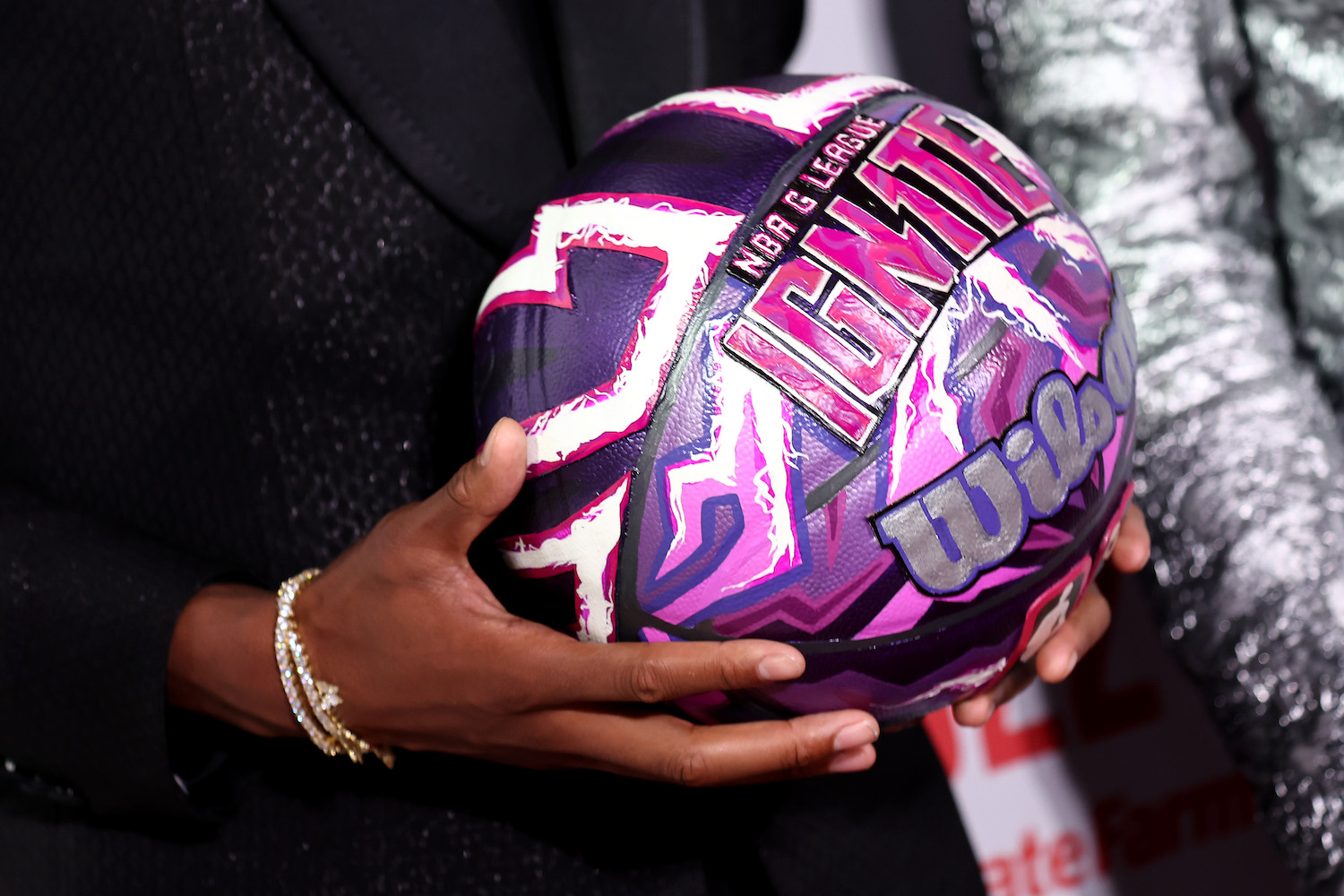 A detailed view of the G League Ignite ball held by MarJon Beauchamp during the 2022 NBA Draft at Barclays Center on June 23, 2022 in New York City.