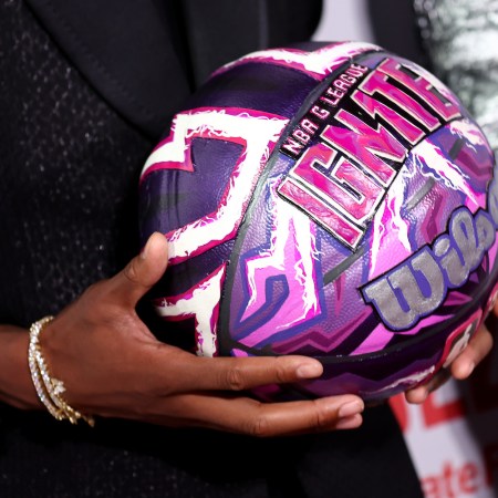 A detailed view of the G League Ignite ball held by MarJon Beauchamp during the 2022 NBA Draft at Barclays Center on June 23, 2022 in New York City.