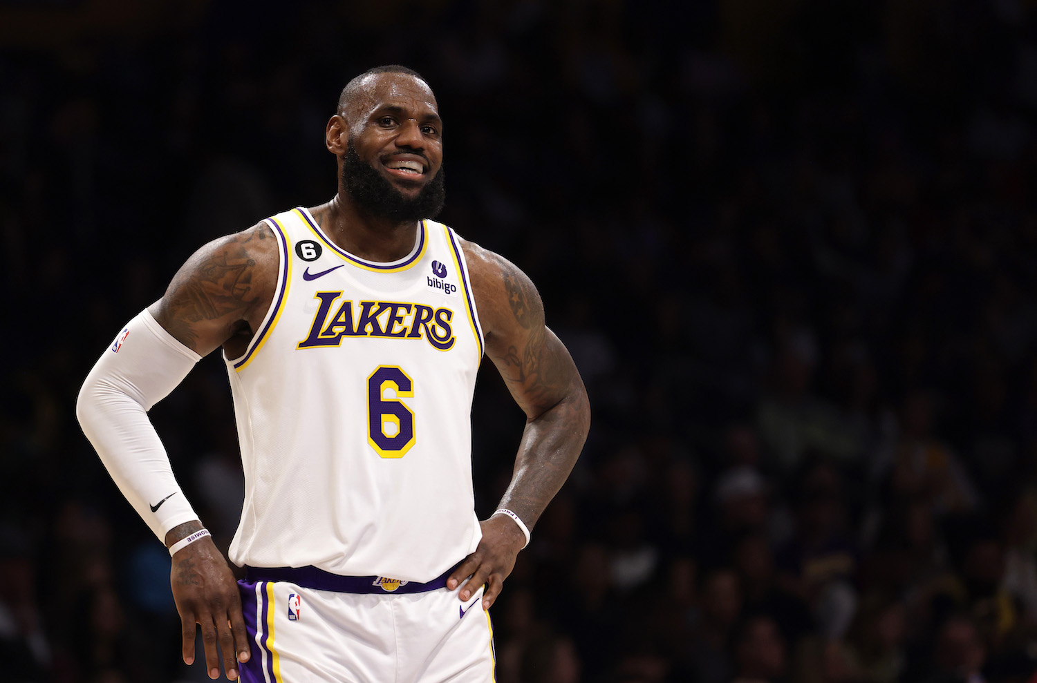LeBron James #6 of the Los Angeles Lakers laughs on the court during the first half against the Utah Jazz at Crypto.com Arena on April 09, 2023 in Los Angeles, California.