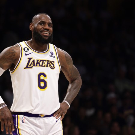 LeBron James #6 of the Los Angeles Lakers laughs on the court during the first half against the Utah Jazz at Crypto.com Arena on April 09, 2023 in Los Angeles, California.