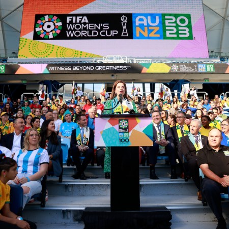 Minister for Sport Anika Wells speaks during the FIFA Women's World Cup 100 Days To Go launch event at Sydney Football Stadium on April 11, 2023 in Sydney, Australia.