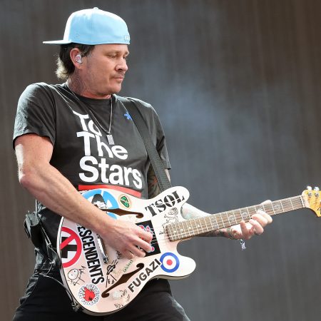 Tom DeLonge of Blink-182 performs at the Sahara Tent during the 2023 Coachella Valley Music and Arts Festival on April 14, 2023.