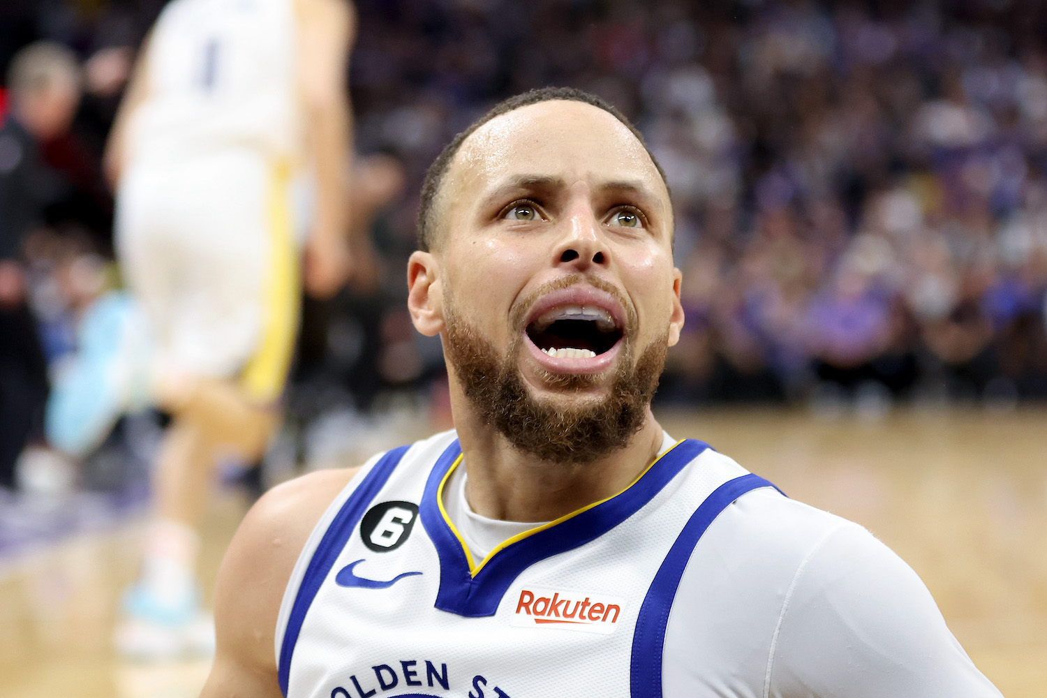 Stephen Curry #30 of the Golden State Warriors complains about a play during Game Two of the Western Conference First Round Playoffs against the Sacramento Kings at Golden 1 Center on April 17, 2023 in Sacramento, California.