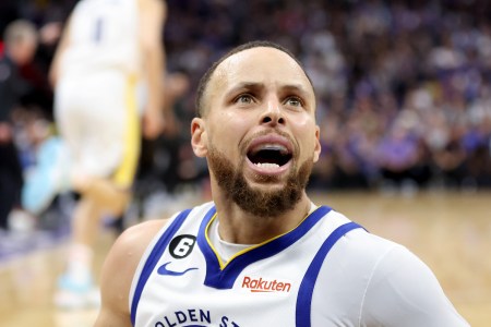 Stephen Curry #30 of the Golden State Warriors complains about a play during Game Two of the Western Conference First Round Playoffs against the Sacramento Kings at Golden 1 Center on April 17, 2023 in Sacramento, California.