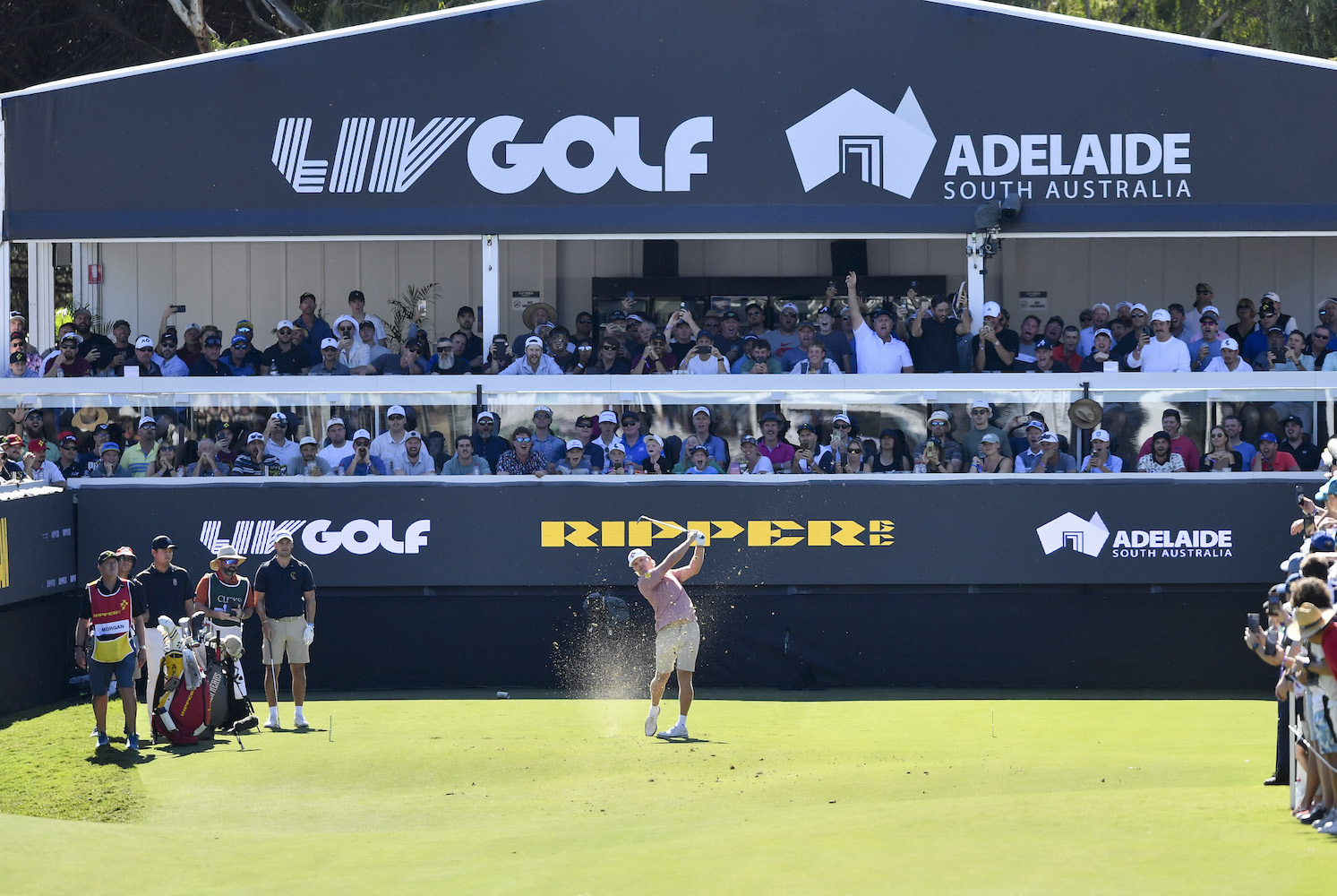 Jed Morgan of the Ripper GC hits an iron off the 12th tee during day three of Liv Golf Adelaide at The Grange Golf Course on April 23, 2023 in Adelaide, Australia.