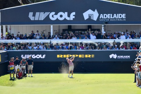 Jed Morgan of the Ripper GC hits an iron off the 12th tee during day three of Liv Golf Adelaide at The Grange Golf Course on April 23, 2023 in Adelaide, Australia.