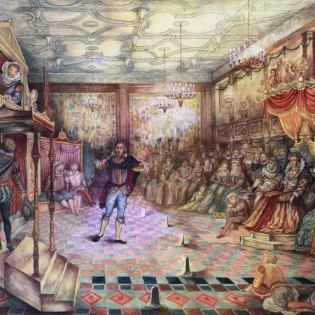 Cartoon of Shakespeare Performing For Queen