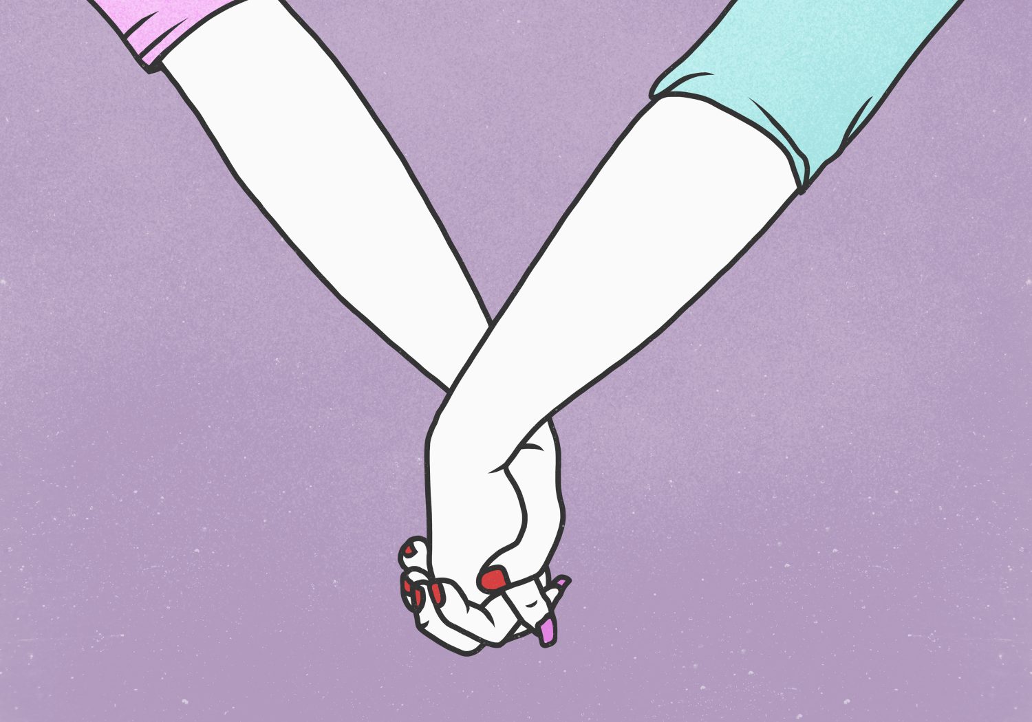 Cropped hands of lesbian couple holding hands against purple background