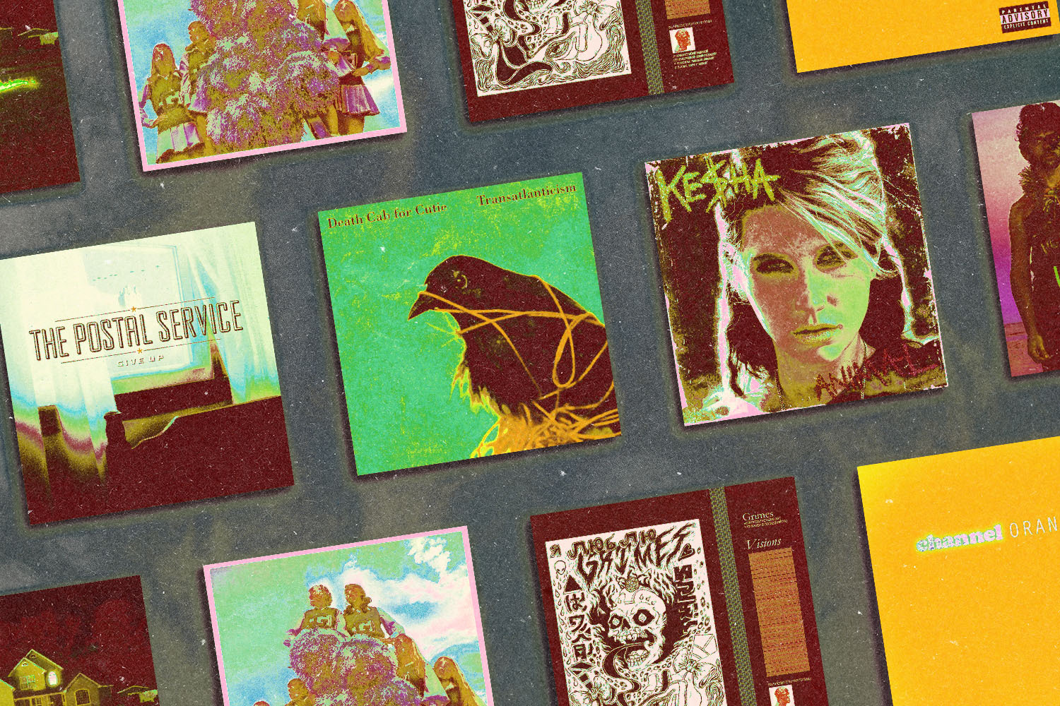 most millennial album covers on a gray background, by Death Cab, KeSha, Frank Ocean and more