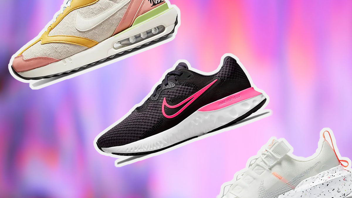 a collage of Nike sneakers on a grey background