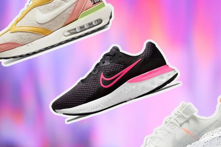 a collage of Nike sneakers on a grey background