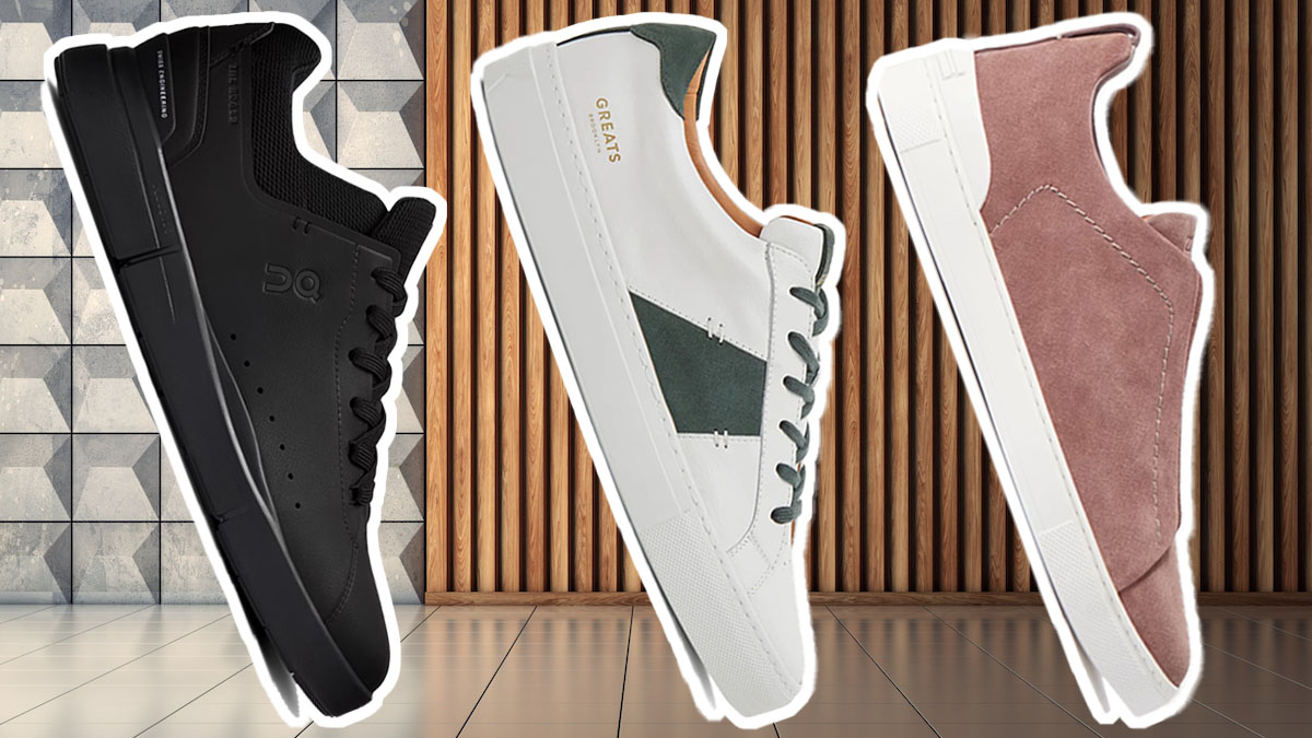 a collage of the best office sneakers for men on a grey background
