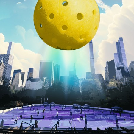 A pickleball looms like an alien mothership over Central Park's Wollman Rink.