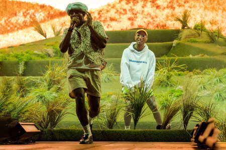 Collage of Tyler, The Creator and Pharrell Williams performing.