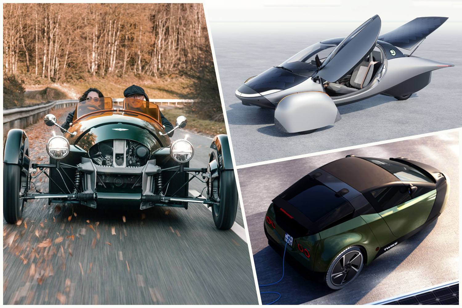 The Morgan Super 3, the Aptera Launch Edition and the Twike 5, three modern three-wheeled vehicles